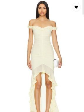 MAJORELLE Chandra Gown in Butter Yellow Ruffle Ruched Midi Dress size small NWT